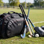 Hockey bag with hockey sticks and kit beside it on a pitch sideline