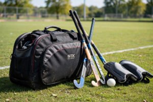 Hockey bag with hockey sticks and kit beside it on a pitch sideline